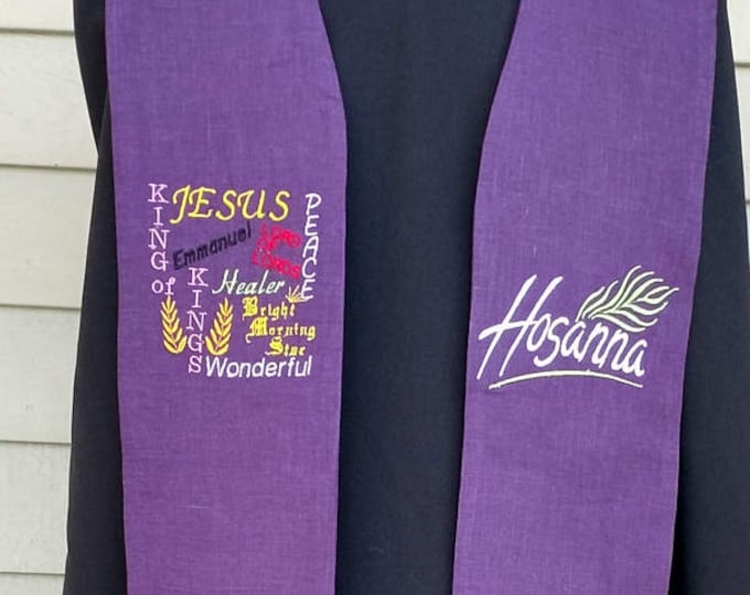 Clergy stole, vestment, Lent, Purple, Reversible with Wood Cross, names for Christ and Hosanna MADE TO ORDER