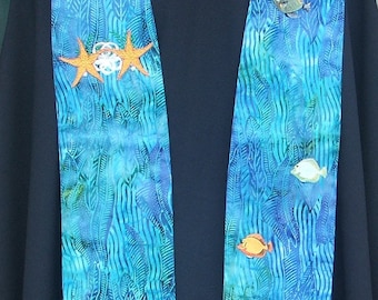 Clergy Stole, vestment, Tropical Wedding, Aqua, fish, starfish couple, Beach, MADE to ORDER