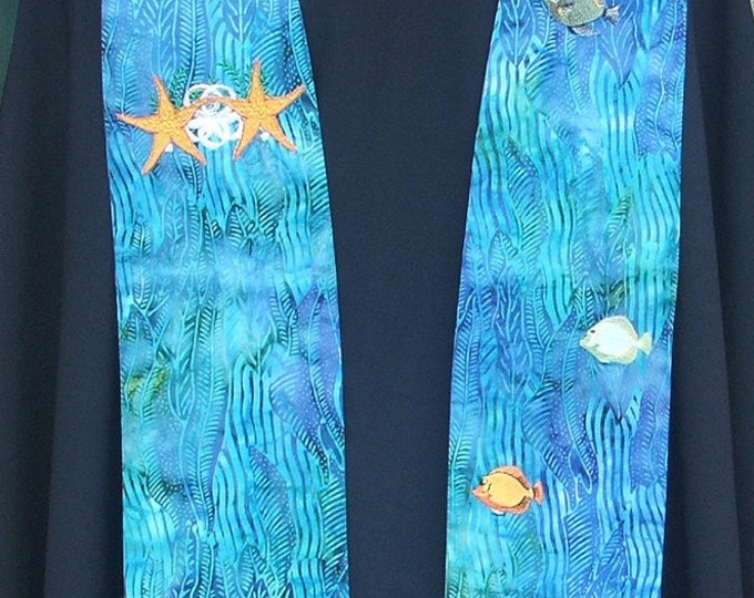 Clergy Stole, vestment, Tropical Wedding, Aqua, fish, starfish couple, Beach, MADE to ORDER