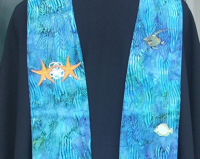 Clergy Stole, vestment, Tropical Wedding, Aqua, fish, starfish couple, Beach, MADE to ORDER