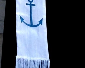 Deacon's Stole, Vestment, white Silk, Anchor design with fringe MADE to ORDER