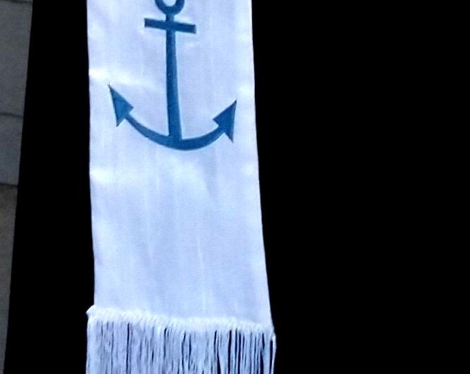 Deacon's Stole, Vestment, white Silk, Anchor design with fringe MADE to ORDER