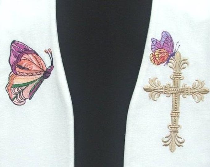 EASTER Clergy Stole, Vestment, White, Easter, Butterfly, Lily, Cross, Made to Order