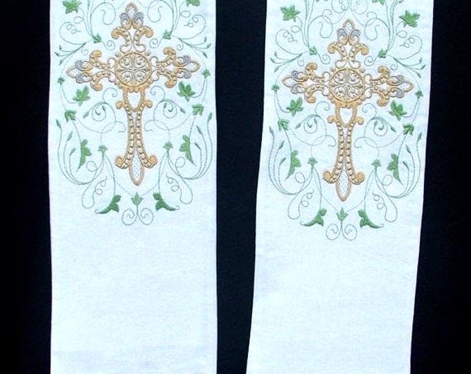 Clergy Stole, Vestment, White with Filligree Cross Design with leaf frame, Weddings MADE TO ORDER