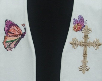 EASTER Clergy Stole, Vestment, White, Easter, Butterfly, Lily, Cross, Made to Order