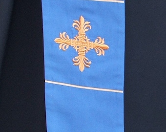 REVERSIBLE Deacon's Stole, with Fleur de lis cross embroidery, MADE to ORDER, any color