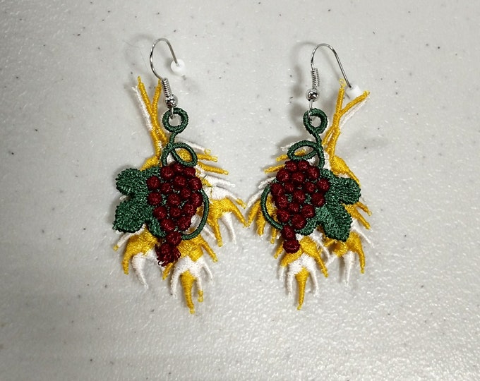 Communion earrings, embroidered, Grapes and wheat