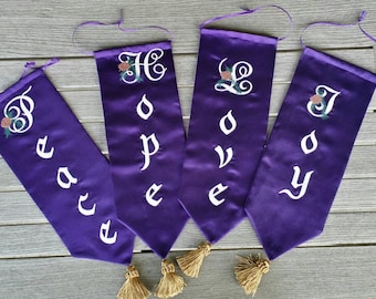 Advent wreath banners, love, hope, joy, peace, purple or blue fabric MADE TO ORDER