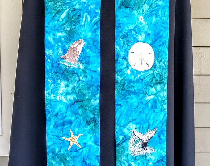 Custom sea life stole on blue batik fabric