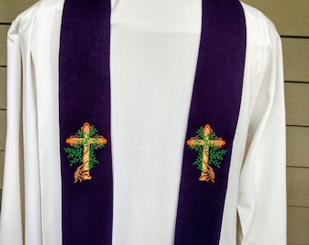 Clergy stole, Chaplain, visitation, Tree of Life Cross, Purple Linen