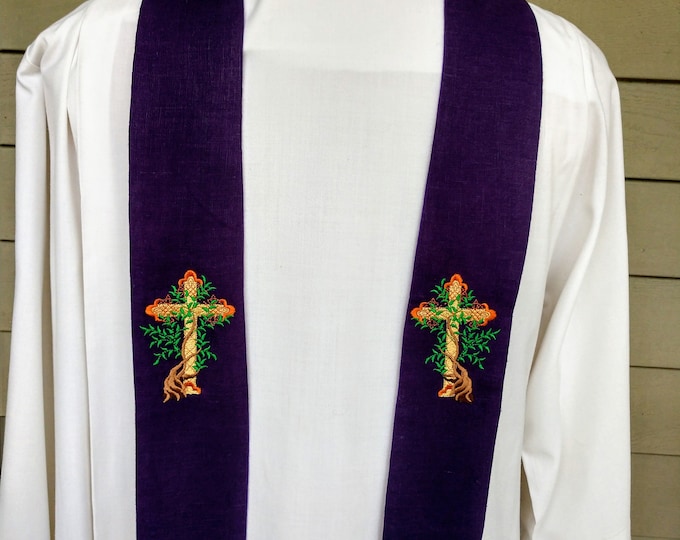 Clergy stole, Chaplain, visitation, Tree of Life Cross, Purple Linen