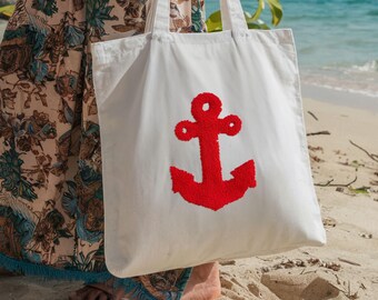 Handmade Nautical Anchor Tote Bag: Punch Needle Cotton Canvas Shopper