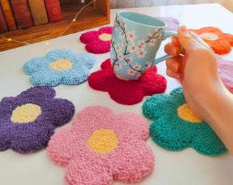 Handmade Punch Needle Flower Coasters | Tufted Cotton Mug Rugs