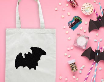 Punch Needle Bat Tote Bag: Handmade Halloween Cotton Canvas