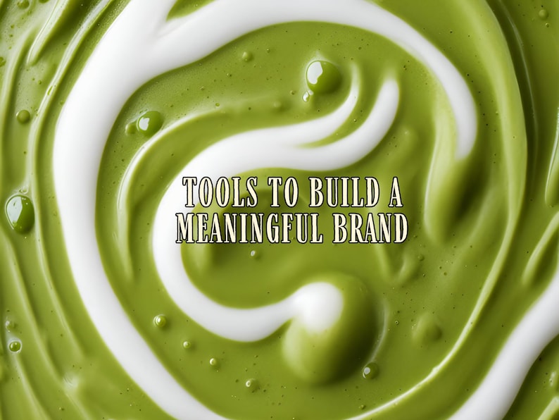 May include: Abstract image of a green and white swirl pattern. The image has a textured appearance with small bubbles. Text in the center reads "TOOLS TO BUILD A MEANINGFUL BRAND".
