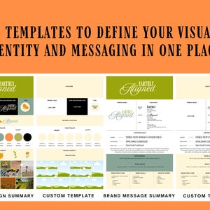 May include: An orange background with the text "4 TEMPLATES TO DEFINE YOUR VISUAL IDENTITY AND MESSAGING IN ONE PLACE." Below are four templates with the "Earthly Aligned" logo and design elements.