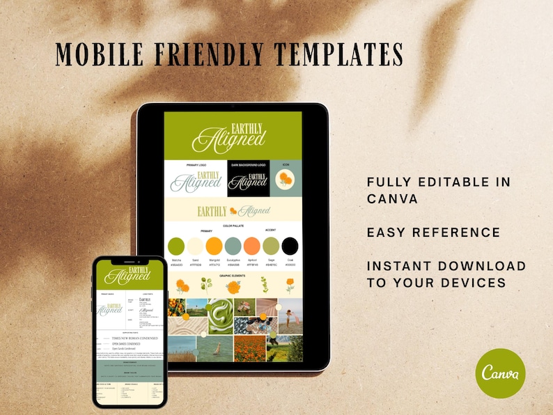 May include: A digital design template displayed on a tablet and smartphone. The tablet shows a design with a green and white color scheme, with the text "Earthly Aligned." The phone displays a similar design. Text on the image reads "Mobile Friendly Templates."