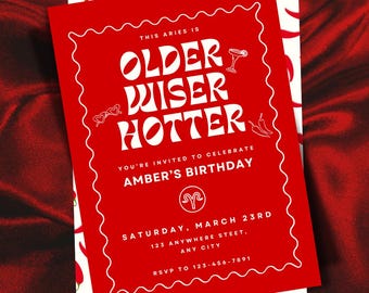 Older Wiser Hotter — Aries Birthday Invitation | Editable Canva Template | Digital + Print 5x7
