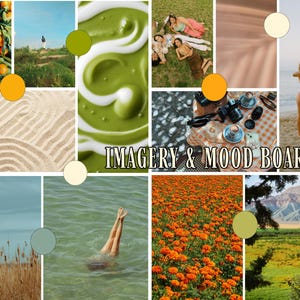 May include: A collage of images with a theme of nature and lifestyle. Includes oranges on a tree, a person on a hill, green liquid, people on grass, a beach scene, cameras, a field of orange flowers, and the text "IMAGERY & MOOD BOARD."