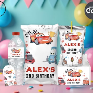 cars party favors templates party suppiles bundle Cars chip bags Cars thank you tag cars water bottle labels cars capri sun party decor B07