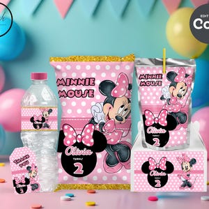 minnie mouse birthday party favor templates bundle, chip bag template, water bottle labels, capri sun label, thank you tag,  decor A01