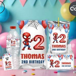 spidey party favors templates party suppiles bundle spidey chip bags thank you tag water bottle labels capri sun party decor printable B08