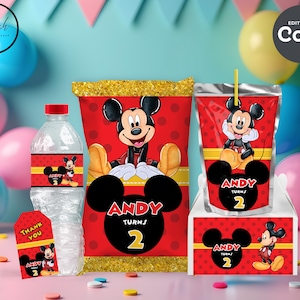 Mickey mouse birthday party favor templates bundle, chip bag template, water bottle labels, capri sun label, thank you tag,  decor A02