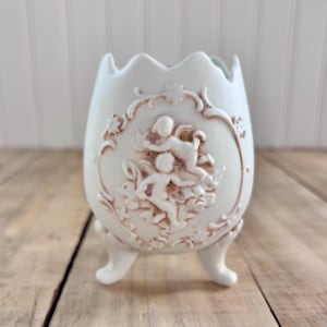 Lefton Bisque Porcelain Egg Vase – Vintage Rococo Cherub Planter