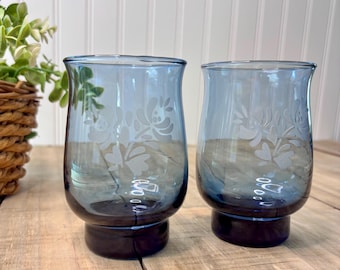 Vintage Set of 2 Pfaltzgraff Blue Etched Tumblers. 12oz Glass Barware