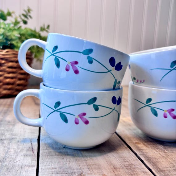 Vintage Hearthside Allegro Ceramic Cup Set: Floral Vine, Blue Rim