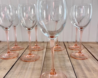 Blush Stemmed Wine Glasses Set of 8 Vintage Luminarc Pink Glass Stemware