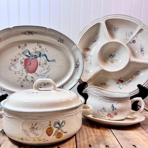 International Marmalade Country Geese Serving Pieces Gravy Boat Platter Covered Dish Chip and Dip Tray Japan Stonware