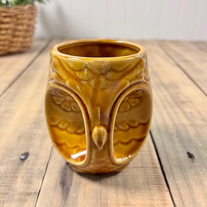 May include: A golden-brown ceramic mug shaped like an owl with a glossy, crackled glaze finish. The mug features embossed feather details and large, circular eye sockets that form the structure of the vessel, creating a distinct avian silhouette.