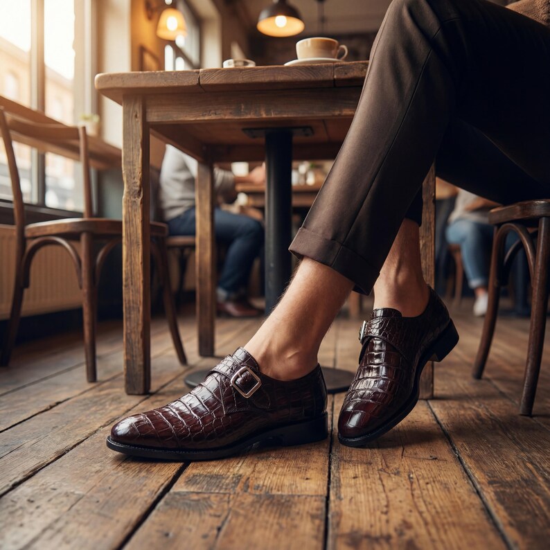 May include: A pair of brown leather monk strap shoes with a crocodile texture. The shoes have a buckle closure and are worn with brown trousers. The setting is a cafe with wooden floors and tables.