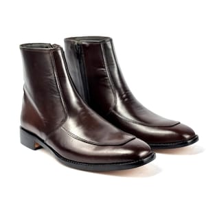 Mens Dark Brown Zip Ankle Boots, Chocolate Leather Square Toe Boots, Full Grain Blake Stitch, Custom Size Boots