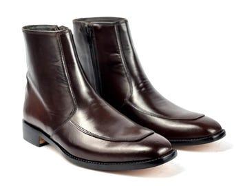 Handmade Dark Brown Zip Boots, Men's Chocolate Leather Ankle Boots, Custom Square Toe Boots, Premium Full Grain Leather