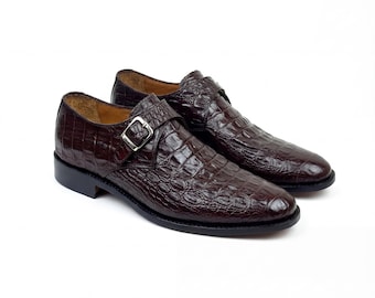 Herren Burgund Alligator Print Single Monk Strap Schuhe | Exotische Leder Herren Abendschuhe | Hochzeit, Party & Bräutigam Schuhe