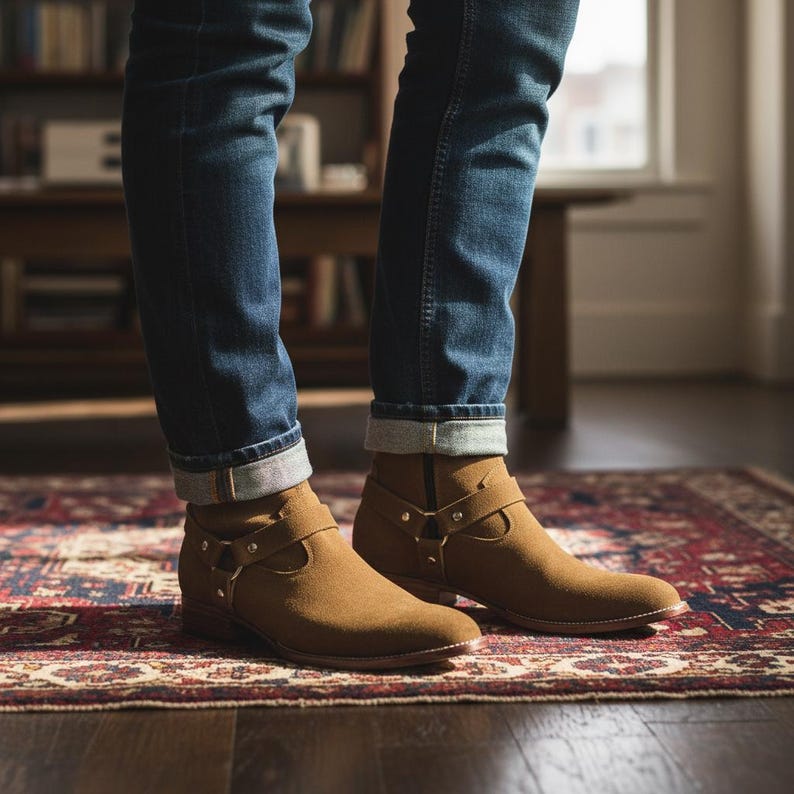 May include: Brown suede ankle boots with a harness strap and buckle detail. The boots have a side zipper and are worn with blue denim jeans. The boots are on a patterned rug.