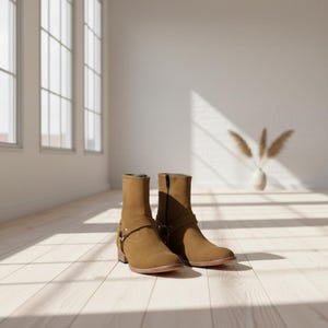 May include: A pair of brown suede ankle boots with a side zipper and decorative straps. The boots have a low heel and are set against a light-colored wooden floor, with sunlight streaming in from a window.