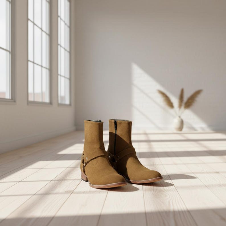 May include: A pair of brown suede ankle boots with a side zipper and decorative straps. The boots have a low heel and are set against a light-colored wooden floor, with sunlight streaming in from a window.