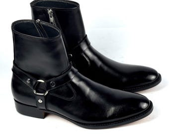 Black Harness Boots Men, Leather Biker Boots, Custom Zip Ankle Boots, Blake Stitch, Cuban Heel