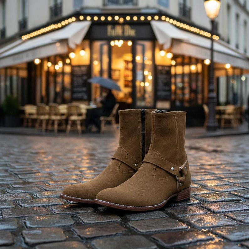 May include: A pair of brown suede ankle boots with a side zipper and a strap with silver-tone hardware. The boots have a low heel and are displayed on a cobblestone street.