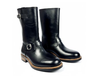 Men's Black Engineer Boots Mid Calf | Handmade Full Grain Leather | Double Buckle Strap Boots | Blake Stitch | Made to Order