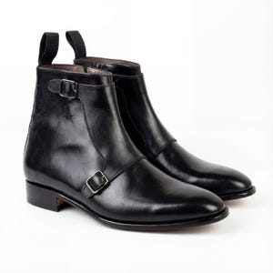 Mens Black Leather Double Monk Strap Boots, Handmade Dress Boots, Side Zip, Business Formal, Groomsmen Gift