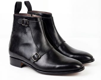 Herren Schwarz Leder Doppel Monk Strap Stiefel, handgefertigte Anzugstiefel, seitlicher Reißverschluss, Business formell, Groomsmen Geschenk