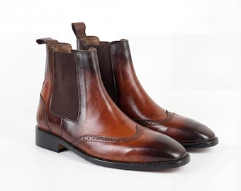 Mens Cognac Chelsea Boots, Burnished Leather Brogue Boots, Goodyear Welt, Dress Boots for Men, Custom Fit Boots