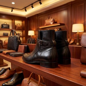 May include: A pair of black leather ankle boots with buckle details, displayed on a wooden shelf in a leather goods store. Other leather items, including handbags and wallets, are visible in the background.