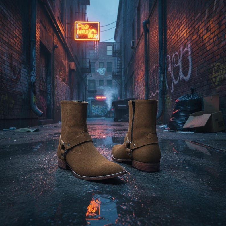 May include: A pair of brown suede ankle boots with a side zipper and a strap with a metal buckle. The boots have a low heel and are set in a gritty urban alley setting.