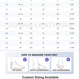 May include: A shoe size conversion chart with US, Euro, UK, Mexico, and Japanese sizes, plus inches. Includes diagrams for measuring foot length, instep circumference, and joint circumference. Text: "Zusha Leathers".