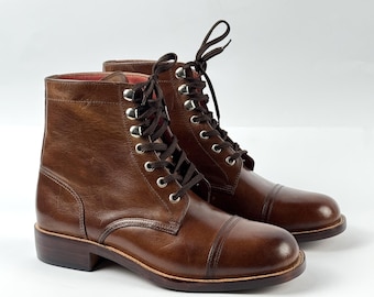 Handmade Brown Leather Cap Toe Boots with Red Lining, Men’s Premium Lace-Up Dress Boots, Classic High-Top Leather Ankle Boots